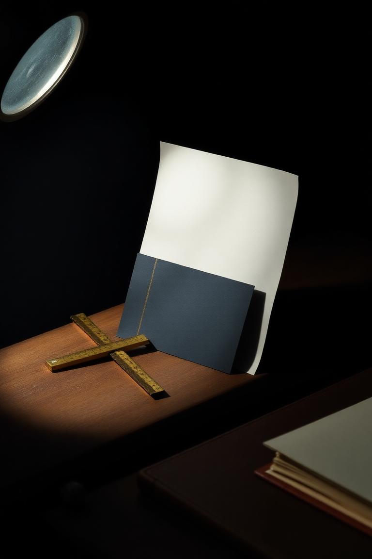 Quiet still-life of a worktable corner with a paper card, brass rule and notebook under soft projector light