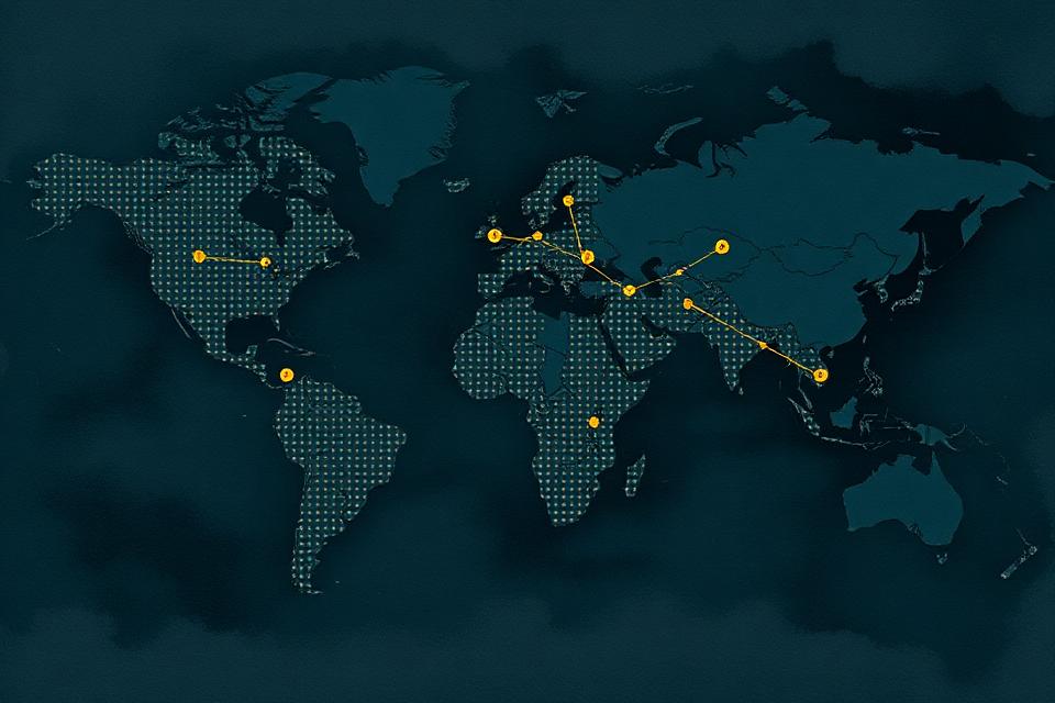 Abstract world map fragment with buyer outreach route nodes