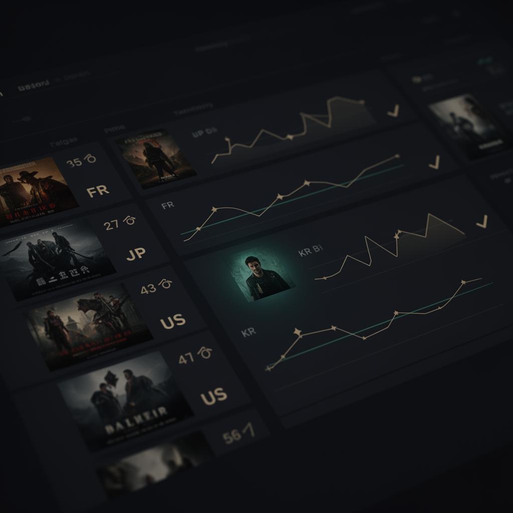 Concept rendering of an internal film-selection interface with catalogue entries and score markers